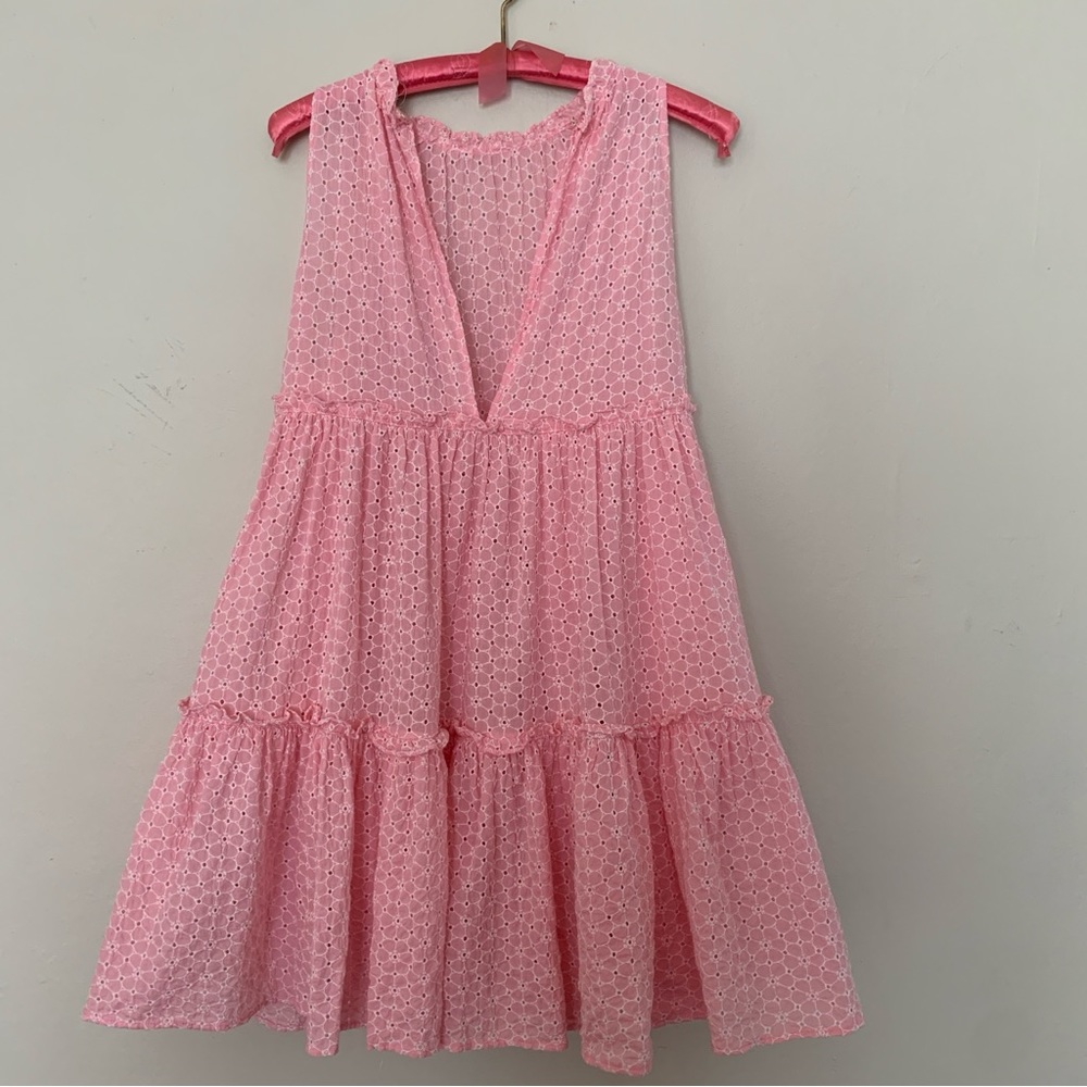 Pink Eyelet Dress Tiered High Neck with Keyhole Opening Empire Waist